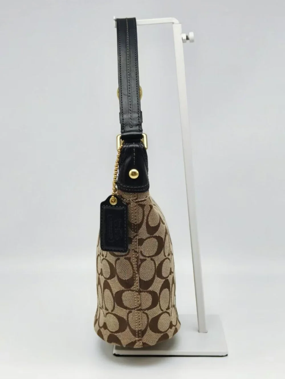 Coach Signature Canvas Shoulder Bag Brown Black Jacquard Zip Hobo Purse
